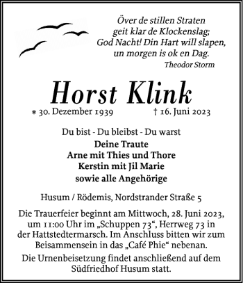 Traueranzeige von Horst Klink von Husumer Nachrichten