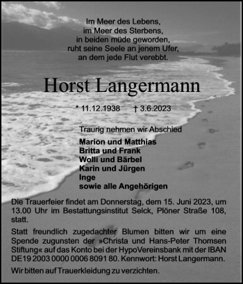 Traueranzeige von Horst Langermann von Holsteinischer Courier