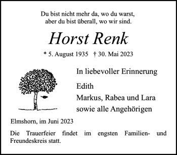 Traueranzeige von Horst Renk von Elmshorner Nachrichten