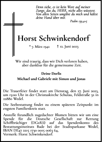 Traueranzeige von Horst Schwinkendorf von Wedel-Schulauer Tageblatt