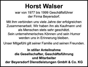 Traueranzeige von Horst Walser von Flensburger Tageblatt
