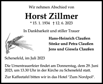 Traueranzeige von Horst Zillmer von Norddeutsche Rundschau