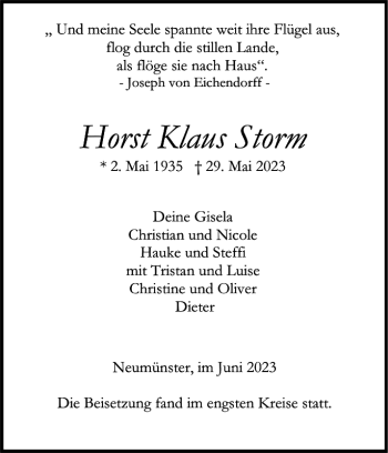 Traueranzeige von Horst Klaus Storm von Holsteinischer Courier