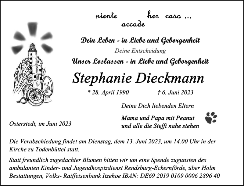  Traueranzeige für Stephanie Dieckmann vom 10.06.2023 aus Landeszeitung