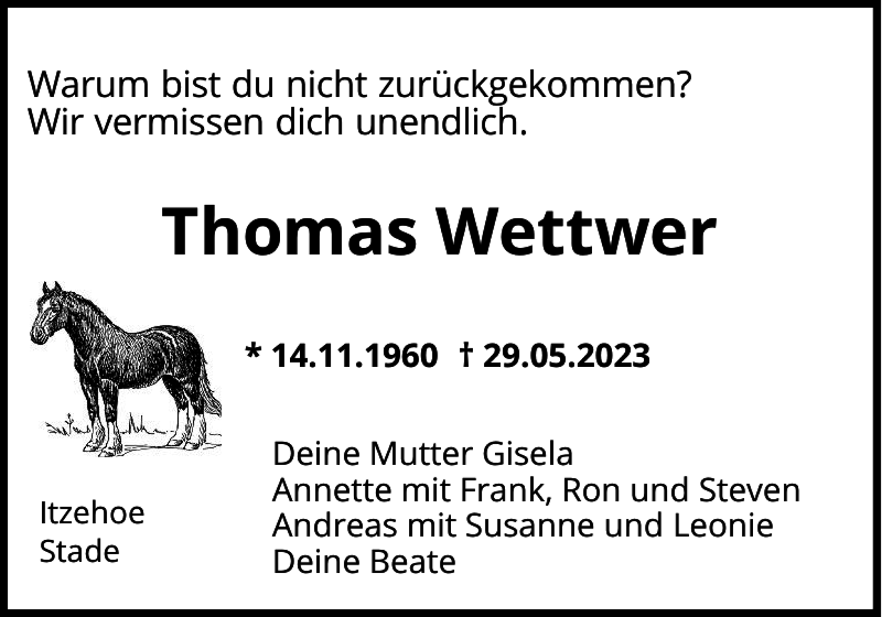  Traueranzeige für Thomas Wettwer vom 10.06.2023 aus Norddeutsche Rundschau