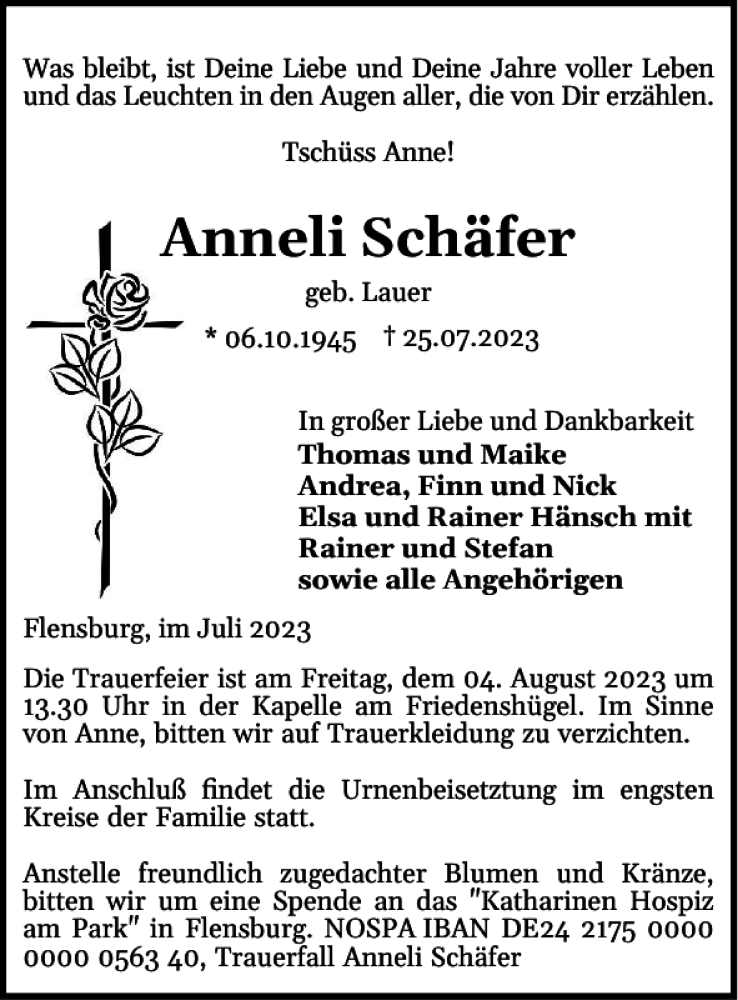  Traueranzeige für Anneli Schäfer vom 29.07.2023 aus Flensburger Tageblatt
