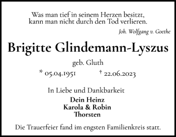 Traueranzeige von Brigitte Glindemann-Lyszus von Norddeutsche Rundschau