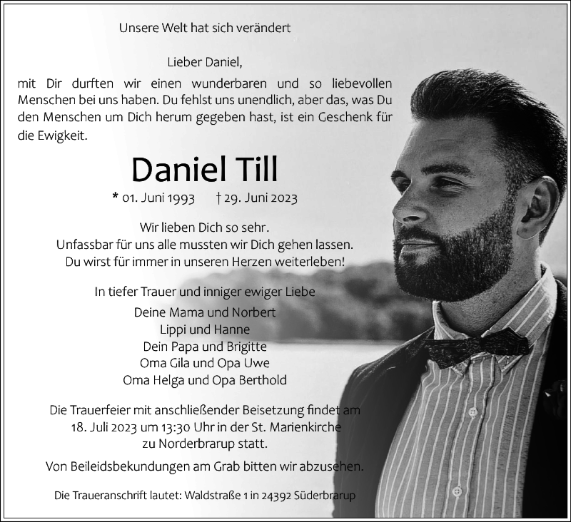  Traueranzeige für Daniel Till vom 08.07.2023 aus Schlei-Bote
