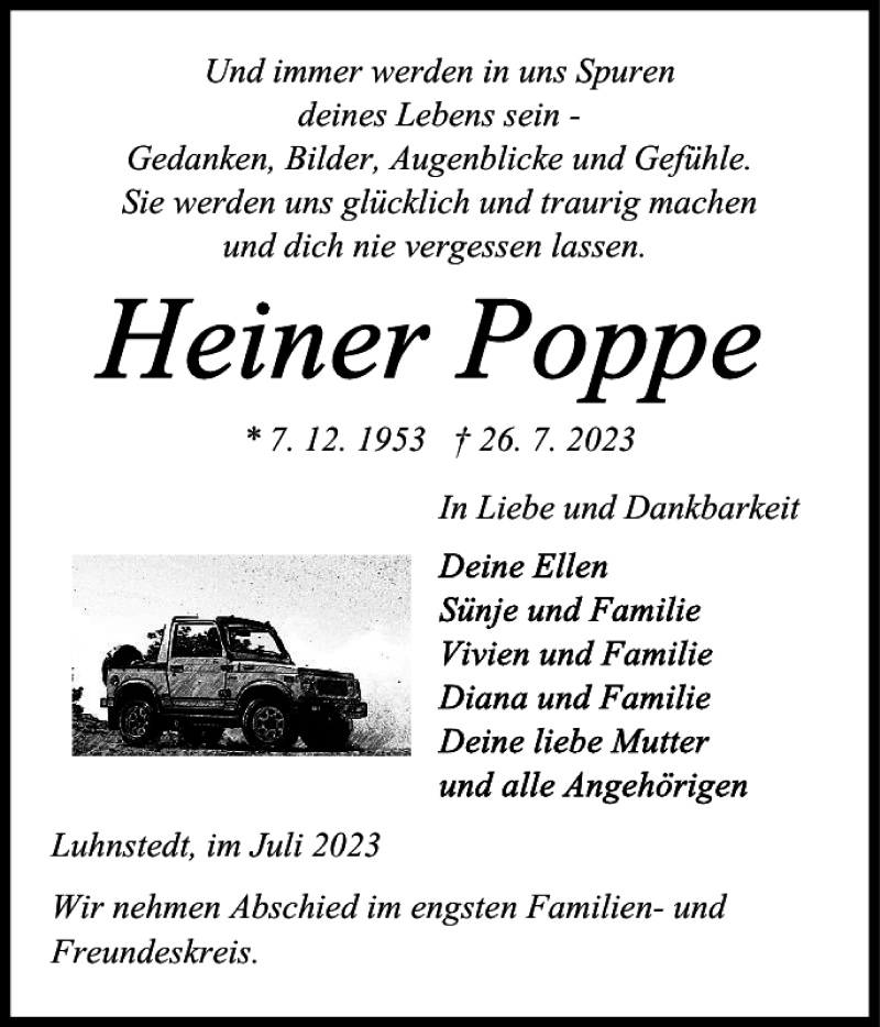  Traueranzeige für Heiner Poppe vom 29.07.2023 aus Landeszeitung