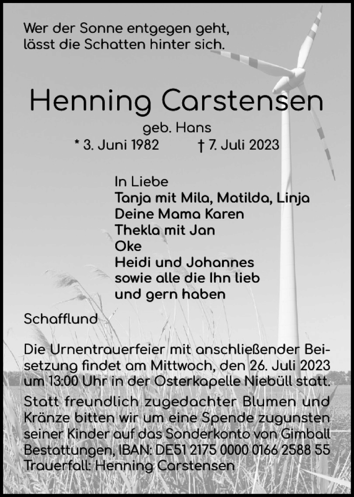  Traueranzeige für Henning Carstensen vom 21.07.2023 aus Nordfriesland Tageblatt