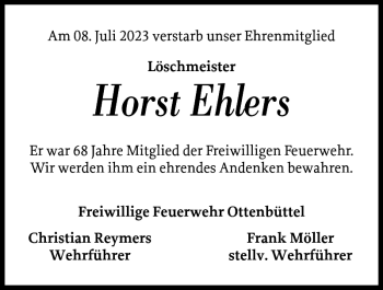 Traueranzeige von Horst Ehlers von Norddeutsche Rundschau
