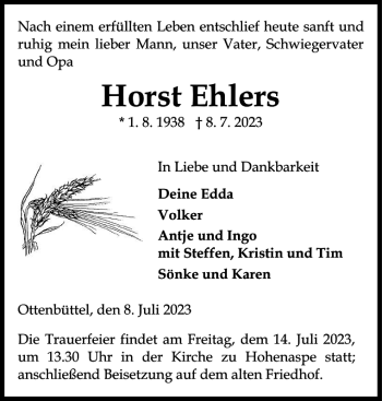 Traueranzeige von Horst Ehlers von Norddeutsche Rundschau