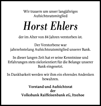 Traueranzeige von Horst Ehlers von Norddeutsche Rundschau