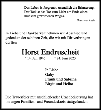 Traueranzeige von Horst Endruscheit von Stormarner Tageblatt