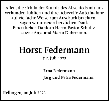 Traueranzeige von Horst Federmann von Pinneberger Tageblatt