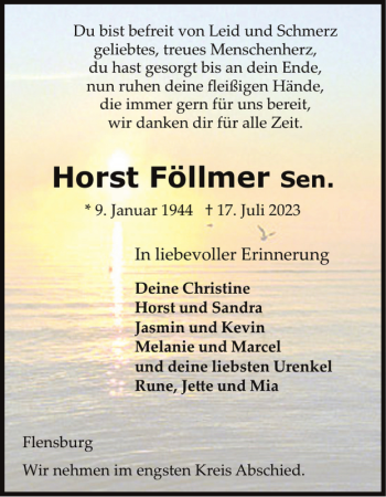 Traueranzeige von Horst Föllmer von Flensburger Tageblatt