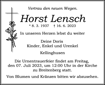 Traueranzeige von Horst Lensch von Norddeutsche Rundschau