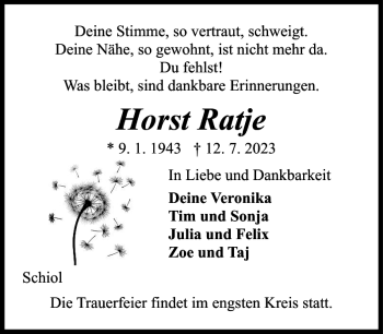 Traueranzeige von Horst Ratje von Flensburger Tageblatt