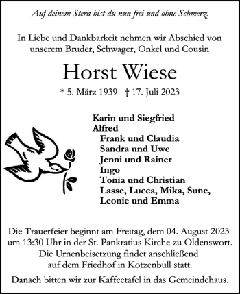 Traueranzeige von Horst Wiese von Husumer Nachrichten