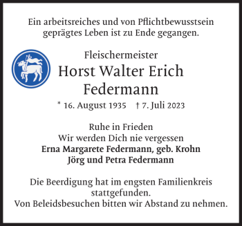 Traueranzeige von Horst Walter Erich Federmann von Pinneberger Tageblatt