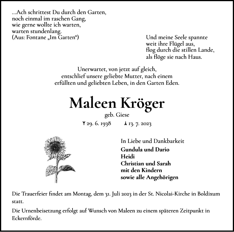  Traueranzeige für Maleen Kröger vom 28.07.2023 aus Der Insel-Bote