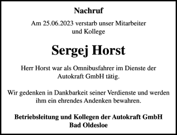 Traueranzeige von Sergej Horst von Stormarner Tageblatt