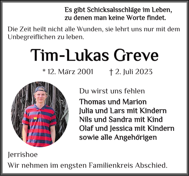  Traueranzeige für Tim-Lukas Greve vom 08.07.2023 aus Flensburger Tageblatt