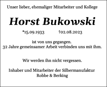 Traueranzeige von Horst Bukowski von Flensburger Tageblatt