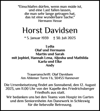 Traueranzeige von Horst Davidsen von Schleswiger Nachrichten