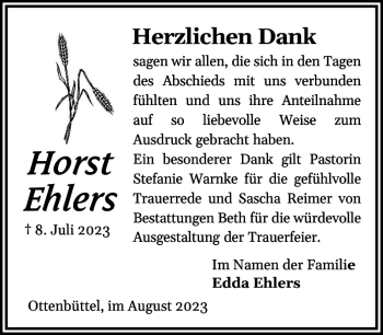 Traueranzeige von Horst Ehlers von Norddeutsche Rundschau