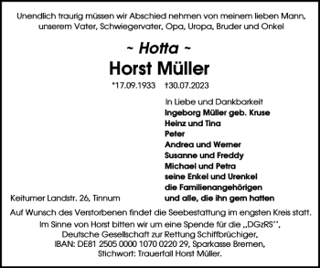 Traueranzeige von Horst Müller von Sylter Rundschau