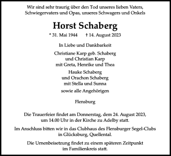 Traueranzeige von Horst Schaberg von Flensburger Tageblatt