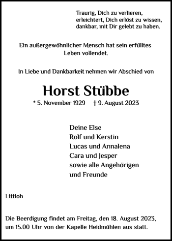 Traueranzeige von Horst Stübbe von Holsteinischer Courier