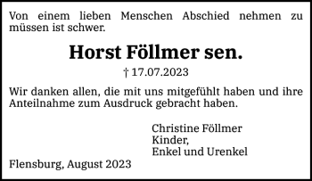 Traueranzeige von Horst Föllmer sen von Flensburger Tageblatt
