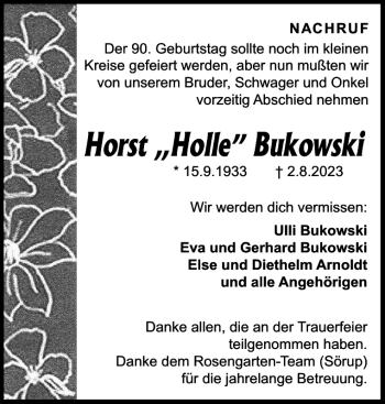 Traueranzeige von Horst Holle Bukowski von Flensburger Tageblatt