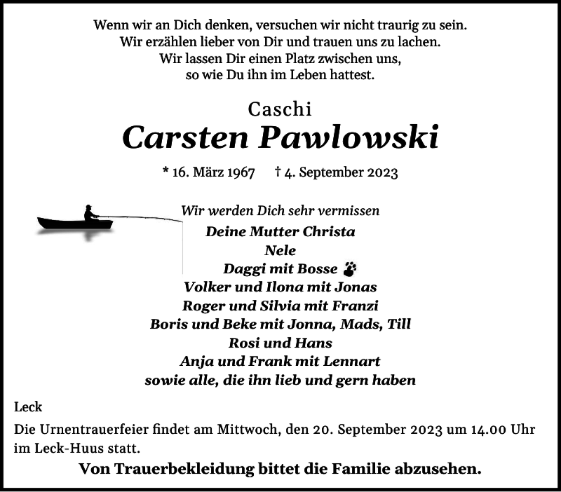  Traueranzeige für Carsten Pawlowski vom 09.09.2023 aus Nordfriesland Tageblatt