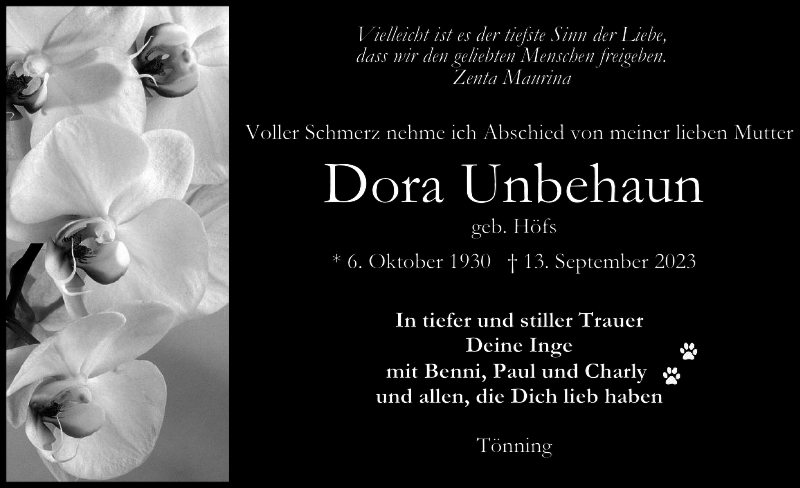  Traueranzeige für Dora Unbehaun vom 23.09.2023 aus Husumer Nachrichten