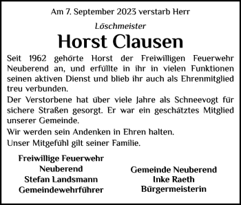 Traueranzeige von Horst Clausen von Schleswiger Nachrichten