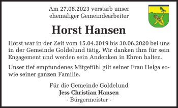 Traueranzeige von Horst Hansen von Husumer Nachrichten