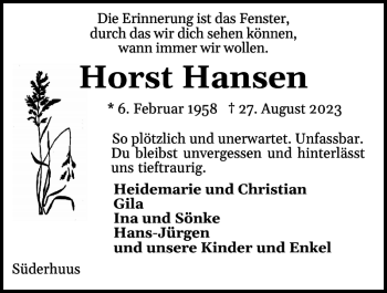 Traueranzeige von Horst Hansen von Flensburger Tageblatt