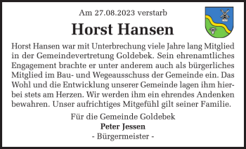 Traueranzeige von Horst Hansen von Husumer Nachrichten