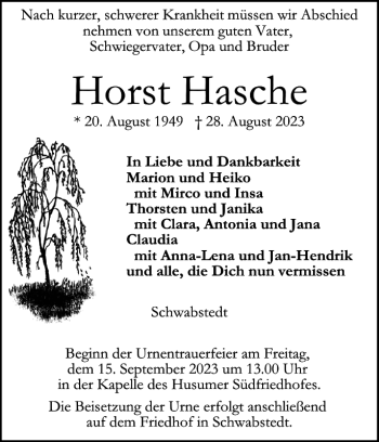 Traueranzeige von Horst Hasche von Husumer Nachrichten