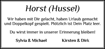 Traueranzeige von Horst Hussel von Flensburger Tageblatt