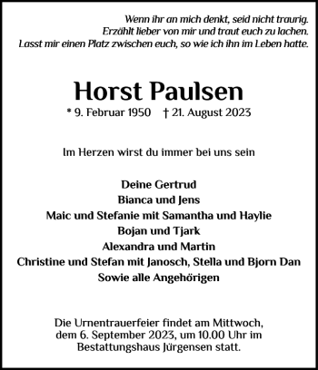 Traueranzeige von Horst Paulsen von Schleswiger Nachrichten