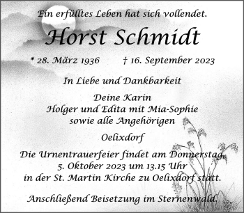 Traueranzeige von Horst Schmidt von Norddeutsche Rundschau