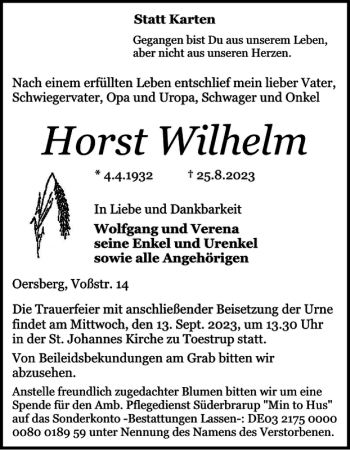 Traueranzeige von Horst Wilhelm von Schlei-Bote