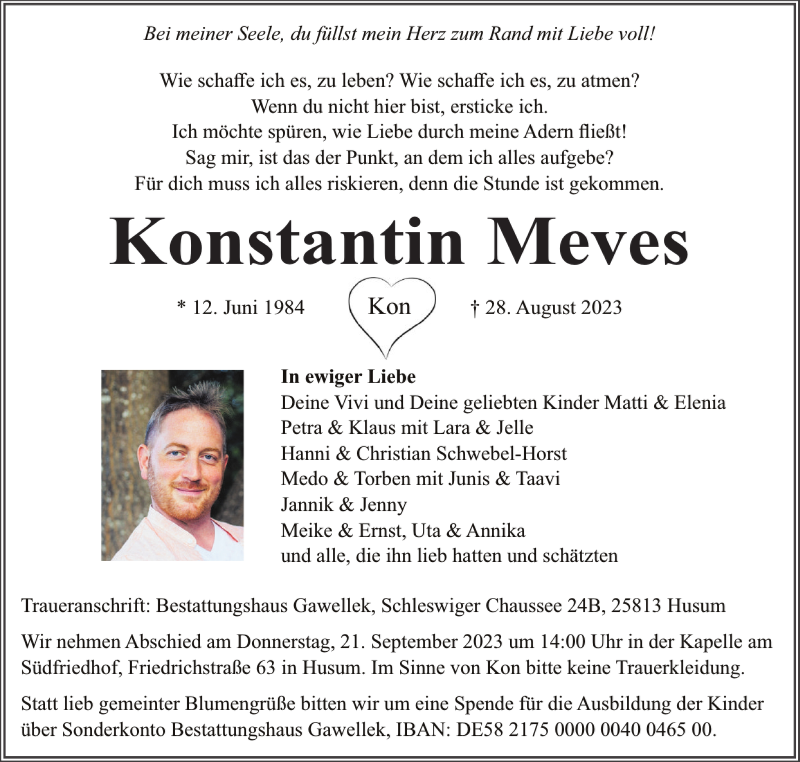  Traueranzeige für Konstantin Meves vom 16.09.2023 aus Husumer Nachrichten