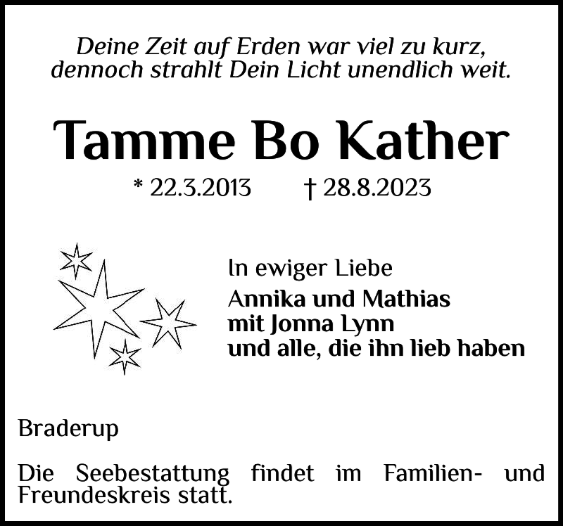  Traueranzeige für Tamme Bo Kather vom 02.09.2023 aus Nordfriesland Tageblatt