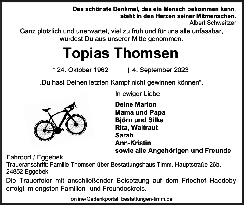  Traueranzeige für Topias Thomsen vom 12.09.2023 aus Flensburger Tageblatt