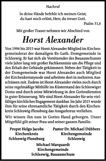 Traueranzeige von Horst Alexander von Schleswiger Nachrichten